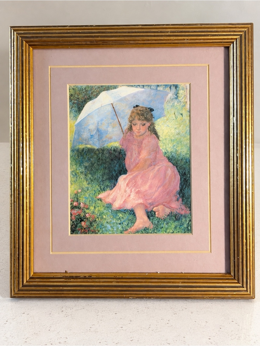 Vintage Framed Girl With Parasol Art Print Pink Dress Gold Frame Cottagecore